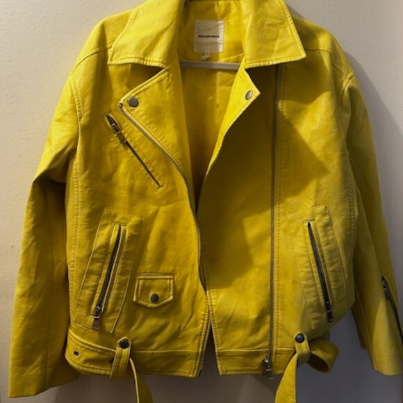Avec Les Filles Bright Yellow Relaxed Lined Vegan Leather Boho Moto Zip Jacket - Picture 11 of 16